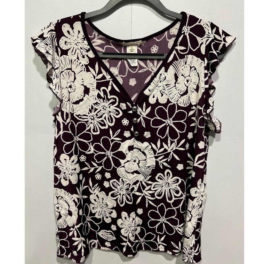 Burgundy White Floral Flutter Sleeve Henley Top Womens XL Cottage Core Office